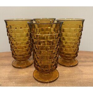 Vintage Indiana Glass Whitehall Colony Cubist Amber Footed Tumblers (Set of 4)